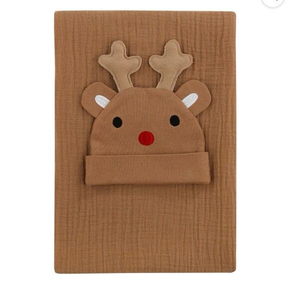 Parent's Choice Brown Reindeer Xmas Swaddle Set, Swaddle Baby Blanket and Beanie - Picture 2 of 8